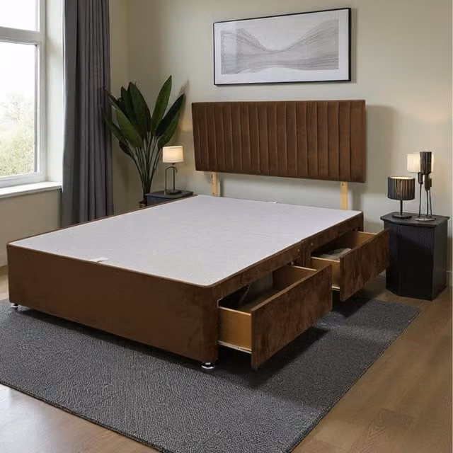 Knight Sleep Emily Divan Bed Base with 2 Drawers and Headboard, Brown Velvet, W/D/H: 200 x 200 cm