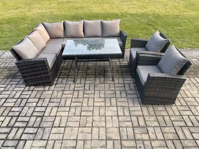 Fimous 8 Seater Rattan Garden Furniture Set with High Back Corner Sofa, Dining Table and 2 Armchairs in Dark Grey