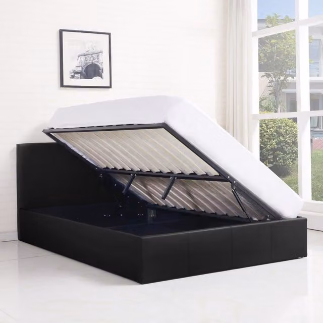 KOSY KOALA Black Synthetic Leather Ottoman Storage Bed with Foam Mattress, W/D/H: 140 x 200 cm