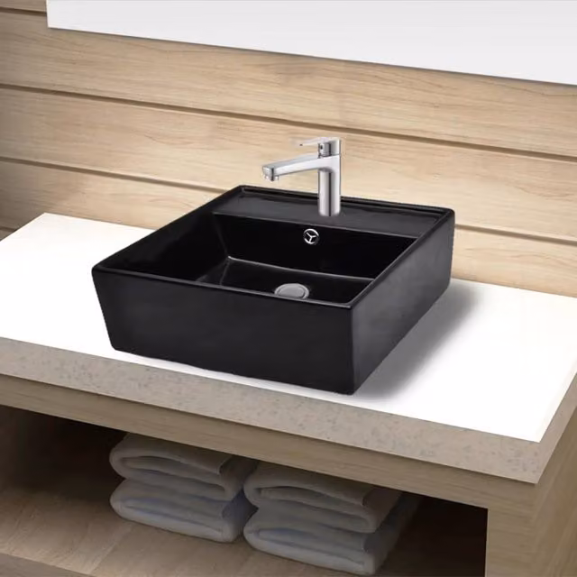 Berkfield Home Black Ceramic Square Wall Mounted Bathroom Sink Basin with Overflow – 1