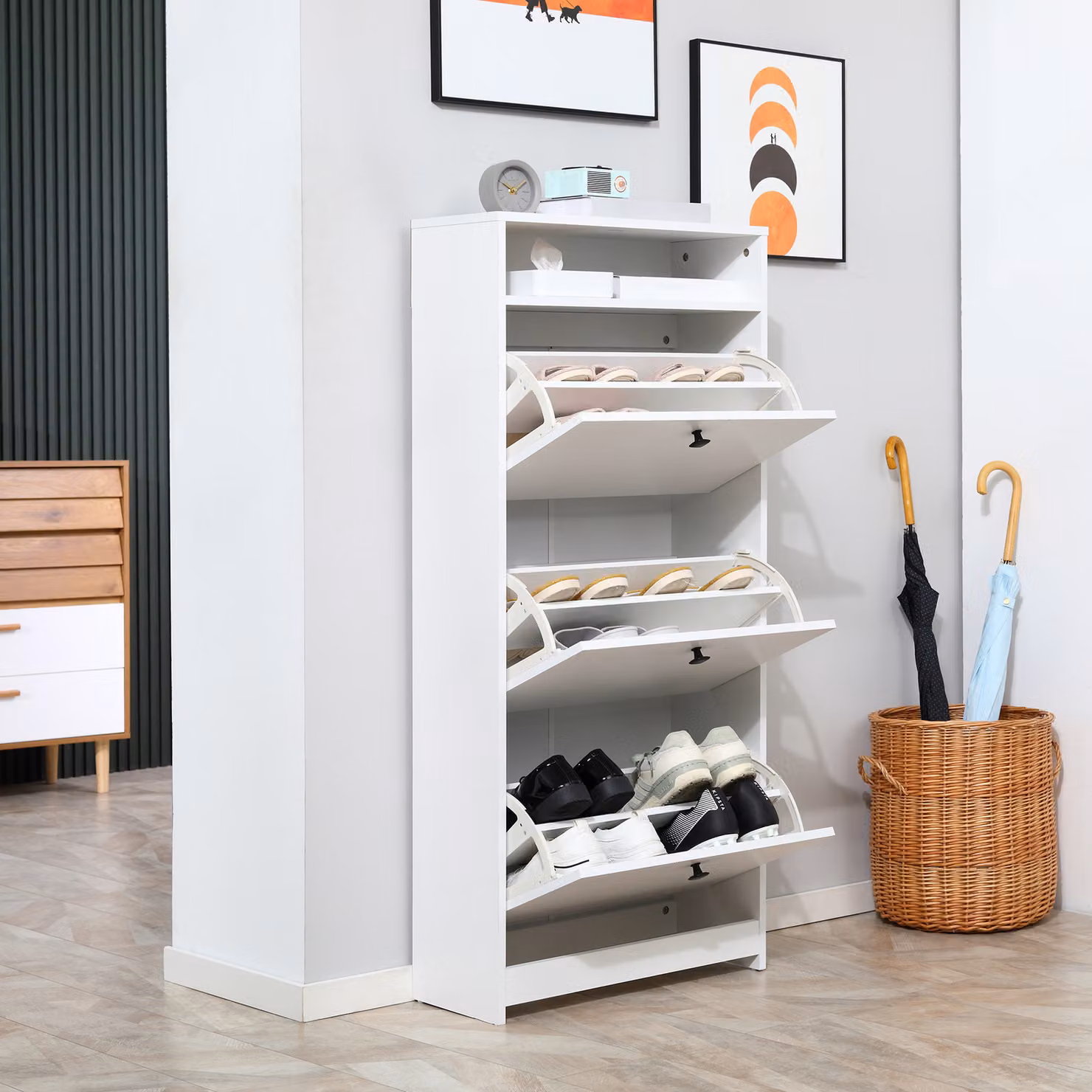 HOMCOM Modern White Wall Mounted Shoe Storage Cabinet with Tilting Compartments and Internal Drawers H: 132 cm, W: 60 cm, D: 24.5 cm – 3