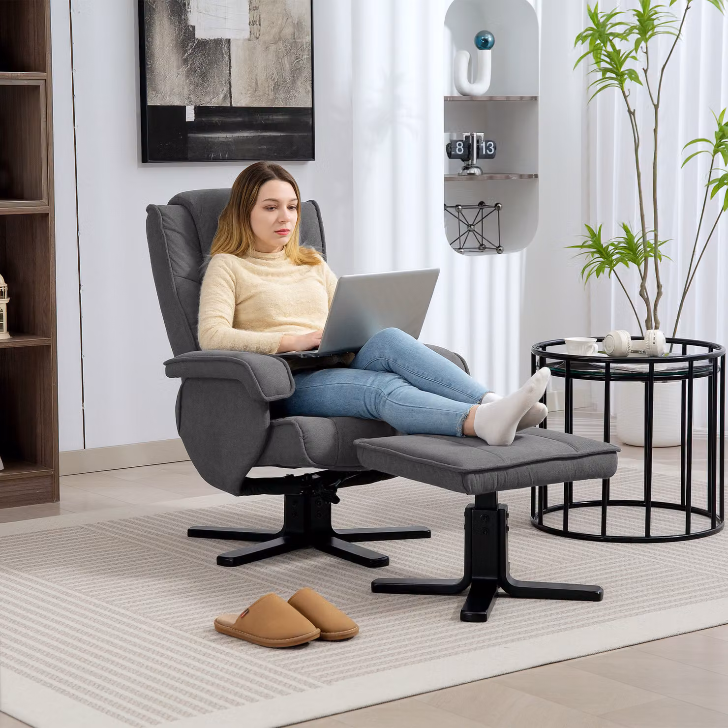HOMCOM Rocker Swivel Recliner Chair with Footstool in Grey Velvet – 2