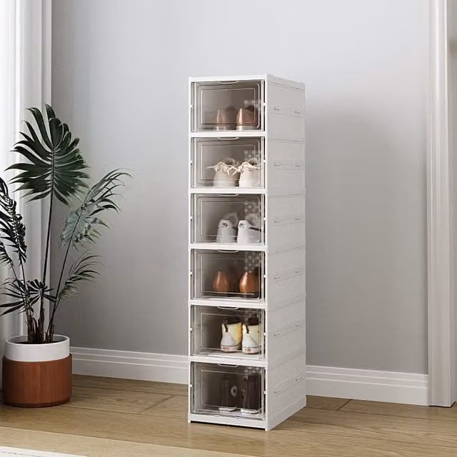 Kidkid Multi Tier Folding Shoe Storage Box in White and Transparent, Height: 105 cm