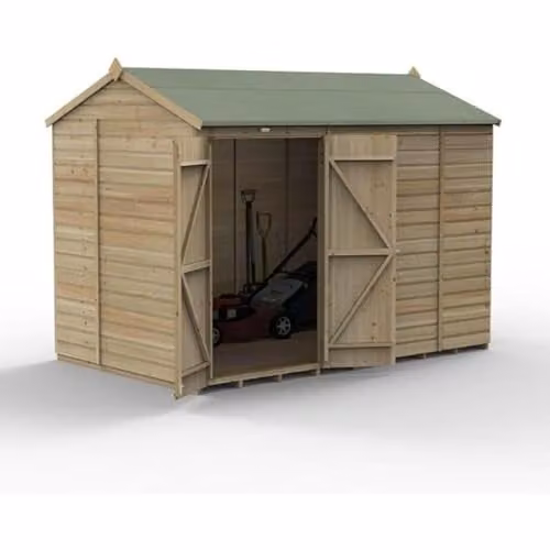 Forest Garden Rustic Reverse Apex Wooden Shed with Double Doors and Floor in Green and Brown