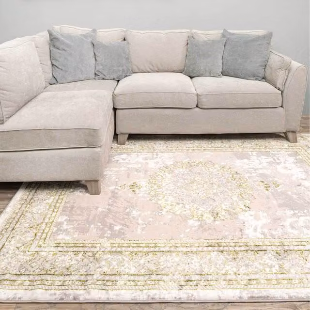 The Rug House Grey and Olive Green Distressed Traditional Medallion Bordered Area Rug, W: 110 cm, D: 60 cm