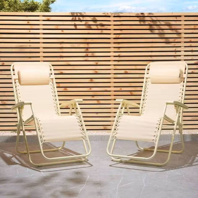 VonHaus Verona Set of 2 Yellow and Beige Textilene Folding Zero Gravity Garden Chairs with Adjustable Headrests