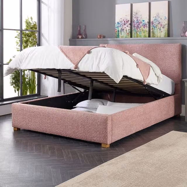 Aspire Bouclé Upholstered Garland Ottoman Bed Frame in Pink, Size: King (W/D/H: 180 x 160 x 35 cm)