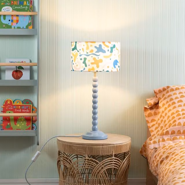 ValueLights Blue Bobbin Stem Table Lamp with Fabric Cylinder Shade