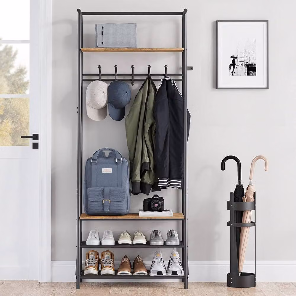 London Boutique 4-in-1 Industrial Hall Tree with Shoe Storage Bench and 5 Hooks in Brown – 2