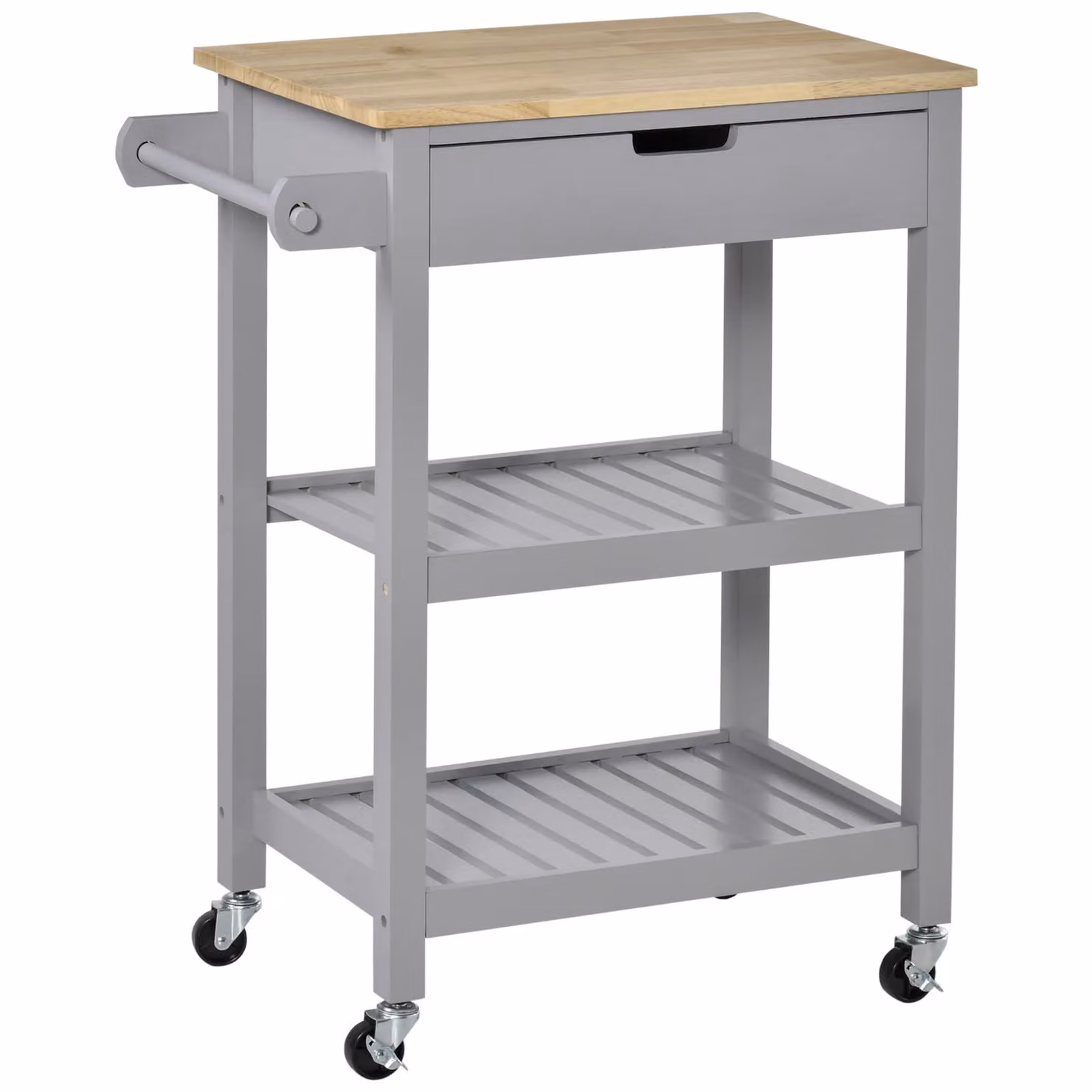 HOMCOM Kitchen Trolley Utility Cart with Rubberwood Worktop and Towel Rack in Grey – 2