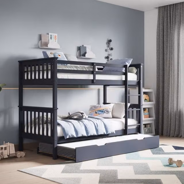 Flair Zoom Detachable Wooden Bunk Bed with Trundle in Grey, Single Size 90 x 200 cm