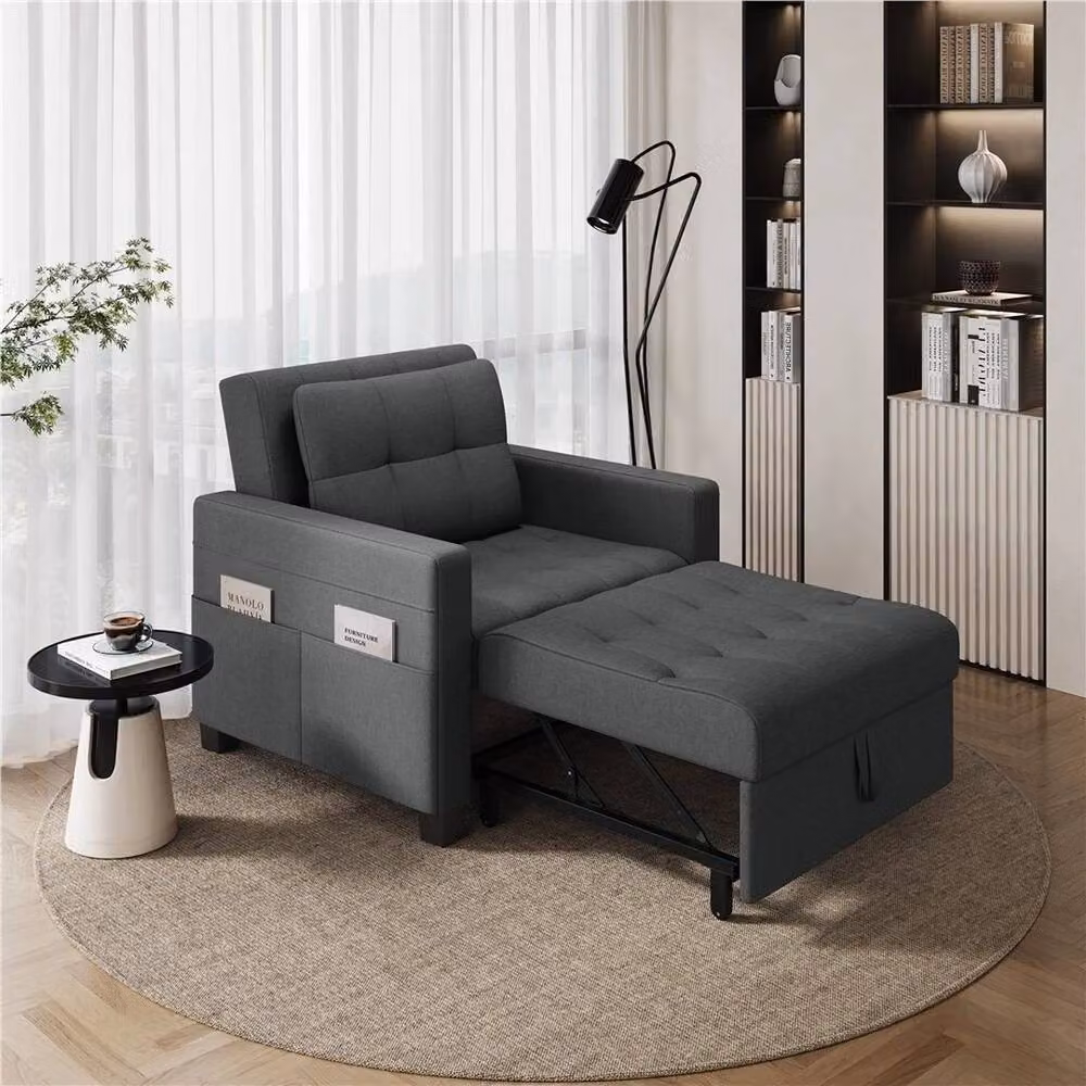 PAWNORA 3-in-1 Convertible Sleeper Chair Bed in Dark Grey Fabric with Metal Frame and Armrests – 5