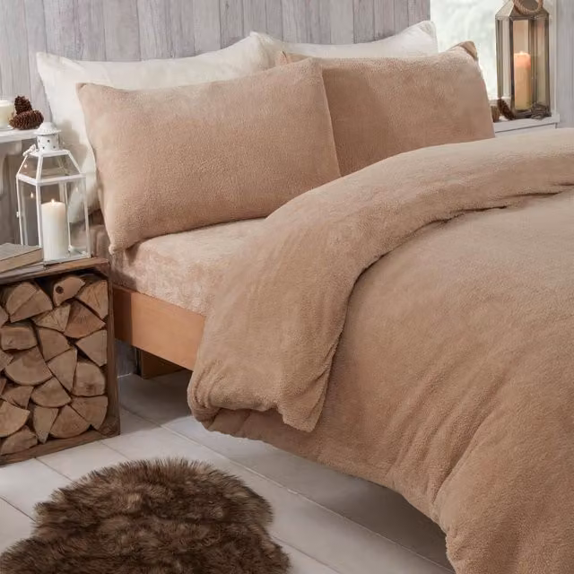 Brentfords Teddy Fleece Duvet Cover and Pillowcase Set in Brown and Beige, 200 x 200 cm