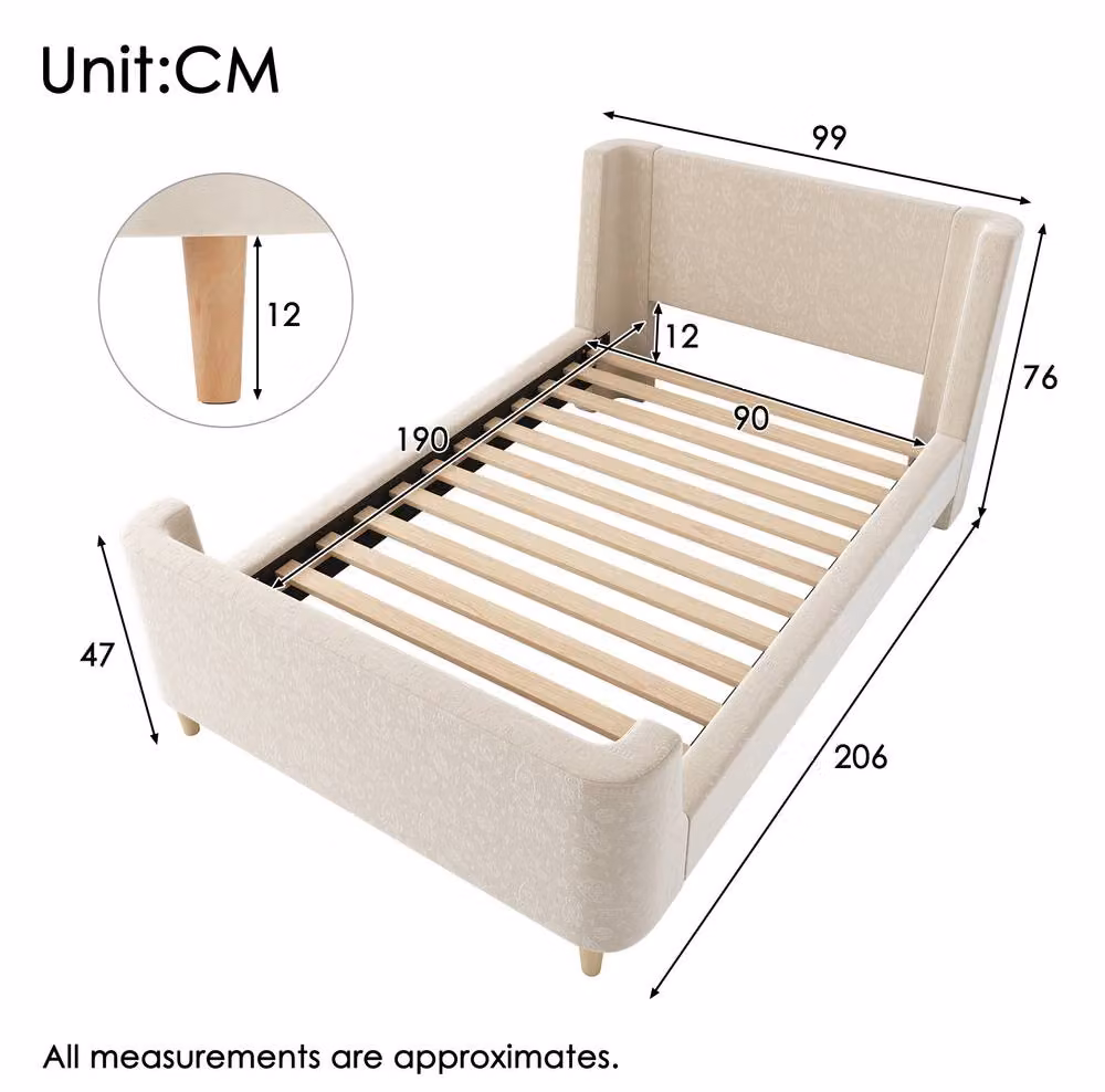 STILVORA Single Sleigh Bed Frame in Beige Velvet, W/D/H: 90 x 190 cm – 2