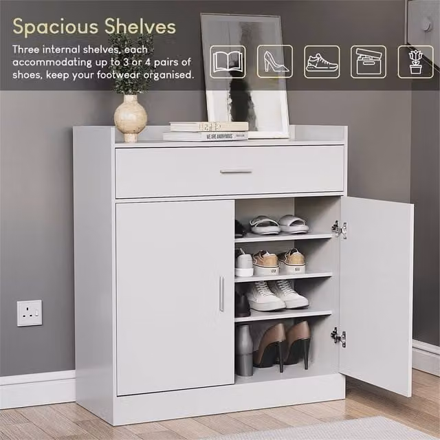 FORGEVIO White Modern Shoe Rack with 2 Doors and 1 Drawer – 1