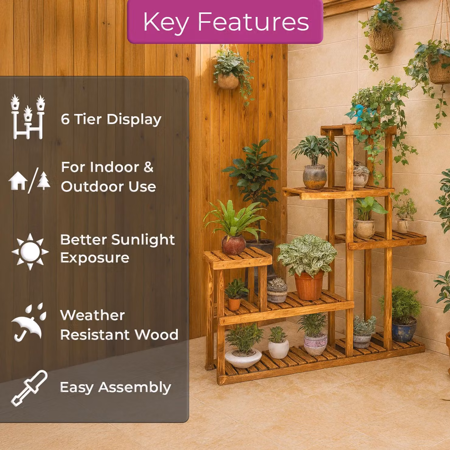 Neo 6 Tier Rustic Wooden Indoor Outdoor Plant Stand Display Rack in Brown, H: 96 cm, W: 6 cm – 3