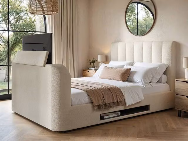 Flair Megane Boucle Upholstered Side Lift TV Ottoman Bed in Beige, W/D/H: 160.6 x 200 x 115.8 cm – 1