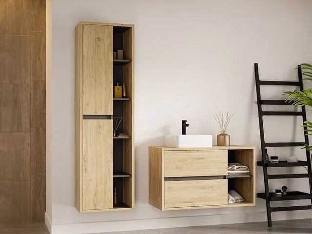 Vente-unique Modern Wall-Mounted Bathroom Vanity Unit and Mirror Cabinet in Grey and Brown, W/D/H: 59.8 x 45.5 x 45.5 cm – 1