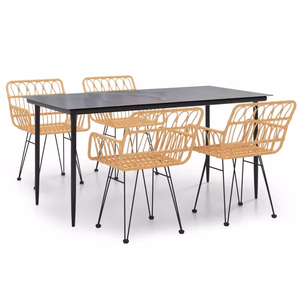 Berkfield Home 5 Piece Brown Poly Rattan Garden Dining Set with Glass Top and Powder Coated Steel Frame – 2