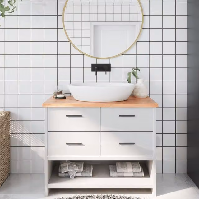 Berkfield Home Brown Treated Solid Wood Bathroom Countertop, W: 100 cm, D: 40 cm, H: 2 cm