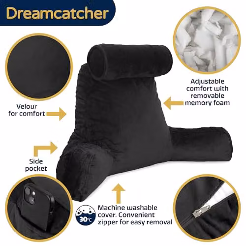Dreamcatcher XL Memory Foam Reading Pillow in Black Velvet with Contoured Neck and Back Support – 4