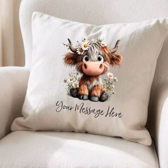 Aye Do Gifts Daisy Highland Cow Personalised Beige Square Cushion, W/D/H: 40 x 40 x 40 cm – 1