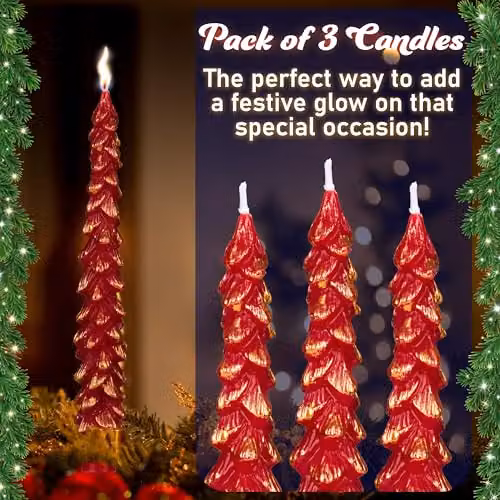 Deco Express Christmas Tree Dinner Candle Set in Red and Gold – 5