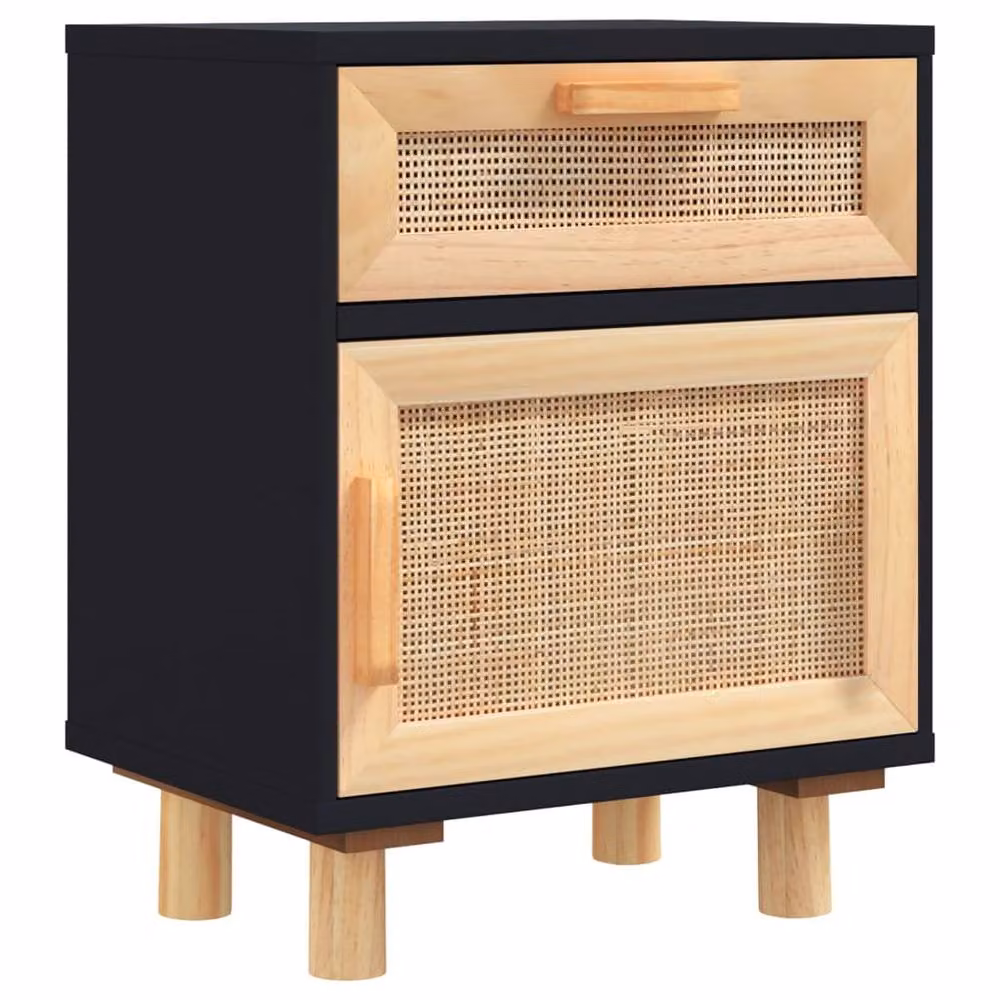 Berkfield Home Set of 2 Black Solid Wood Pine and Natural Rattan Bedside Cabinets – 4