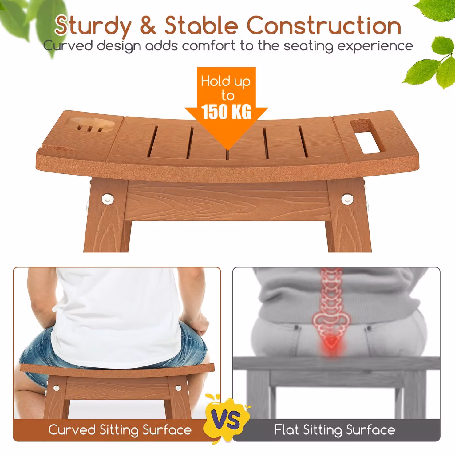 Costway Brown HIPS Shower Bench Seat with Handle and Drainage Seat – 4