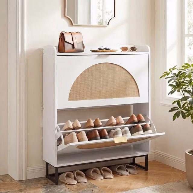 Kelvenix Slim White Entryway Shoe Rack with Rattan Details and Tilting Compartments