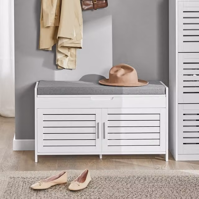 SoBuy Modern White Shoe Bench and Cabinet with Folding Padded Fabric Seat