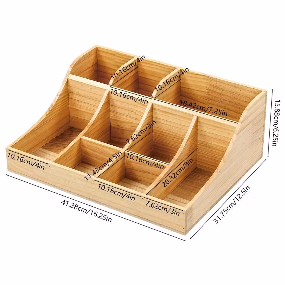 VOGREX Pine Wood 9 Compartment Condiment Storage Holder in Beige, W: 41.28 cm, D: 15.88 cm – 2