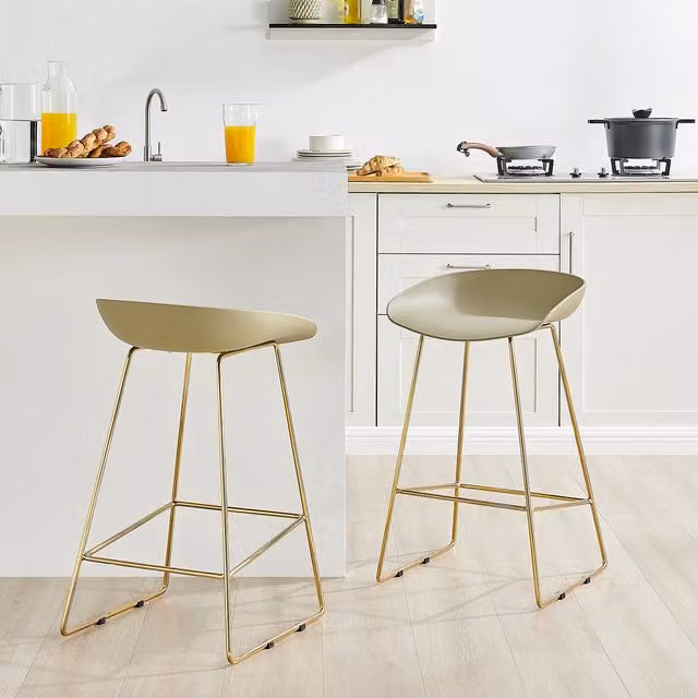 FurnitureboxUK Harper Kitchen Bar Stools Set of 2 with Plastic Seats and Gold Legs in Beige