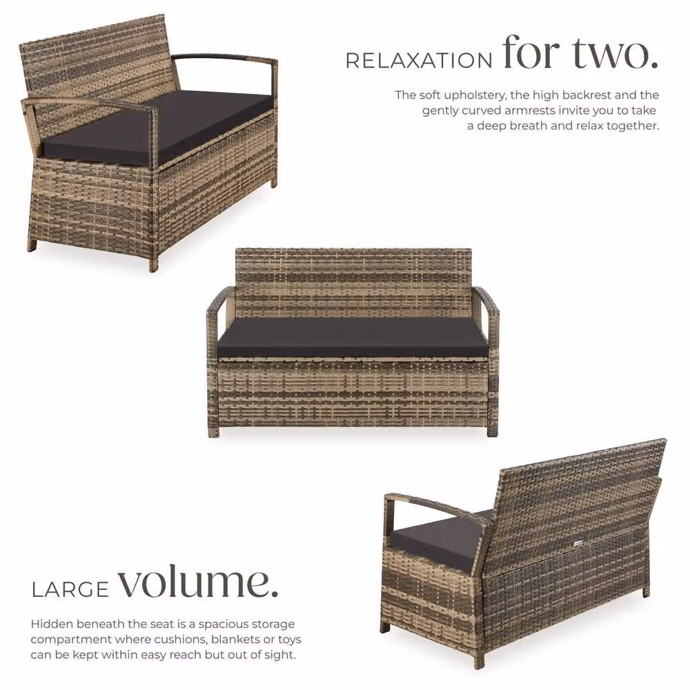 tectake Vecchia 2 Seater Rattan Garden Bench in Sand and Beige with Armrests – 3