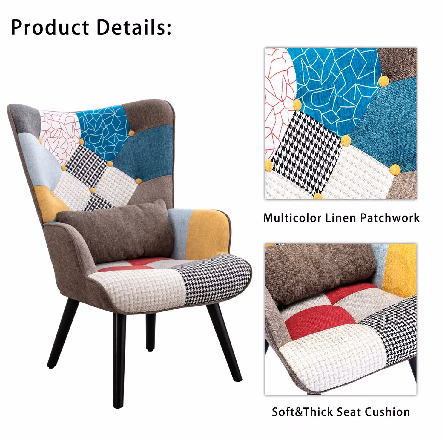 HomeMiYN Mid-Century Patchwork Fabric Single-Seater Sofa with Ottoman in Brown and Orange – 2