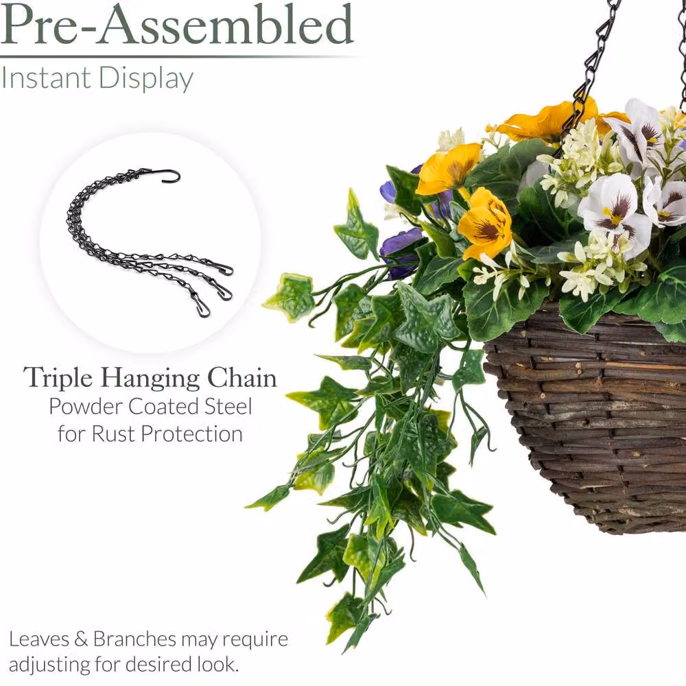 Christow Artificial Yellow Pansy Wicker Hanging Basket with UV Resistant Foliage, Diameter: 25 cm – 6