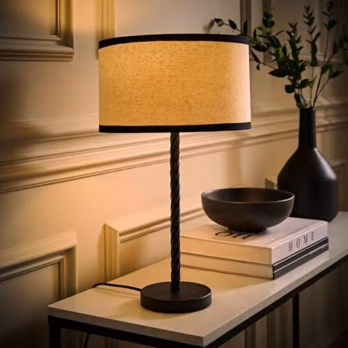 ValueLights Maura Natural Linen and Black Trim Drum Shade Twist Table Lamp in Black and Beige – 2