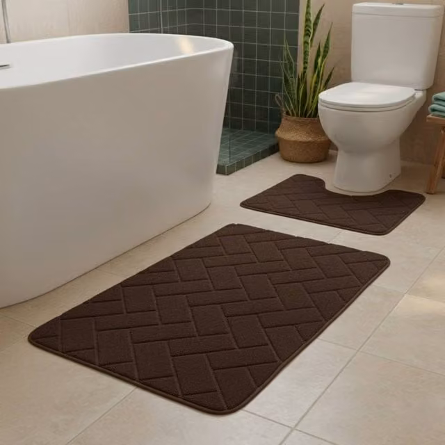 Snug City City Block Design Memory Foam Bath Mat Set in Brown, W: 50 cm x D: 80 cm – 1