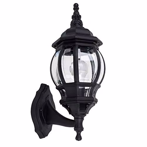 MiniSun Traditional Style Black and Transparent Outdoor Security Wall Lantern with 6W Warm White LED Bulb – 1