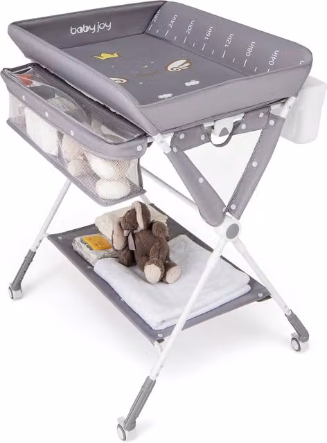 COSTWAY Freestanding Baby Changing Table with Changing Mat and Castors, Grey