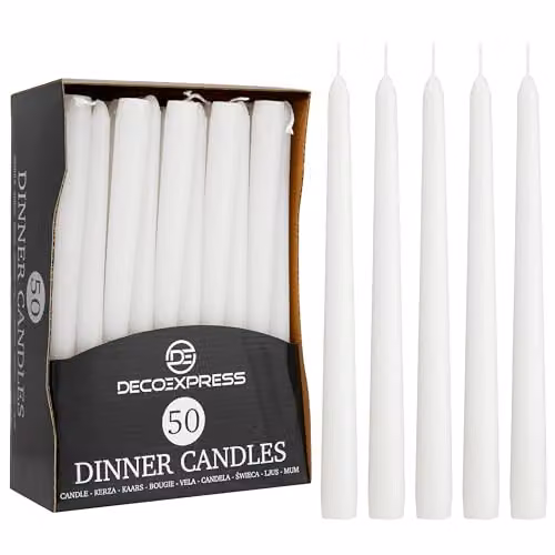 Deco Express Classic Dripless Tapered Metallic Unscented Candles, White, 50 Pack – 1