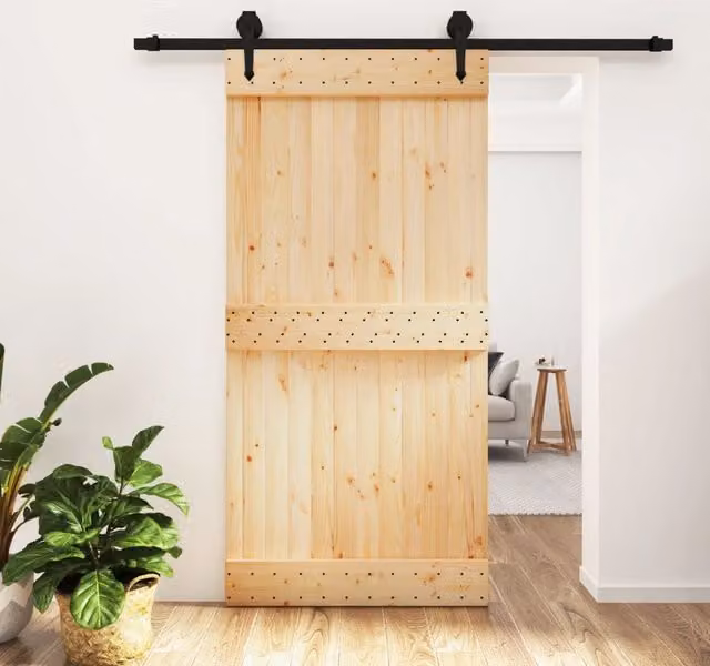 Berkfield Home Rustic Solid Wood Pine Sliding Door with Hardware Set, Brown, W: 100 cm, H: 210 cm