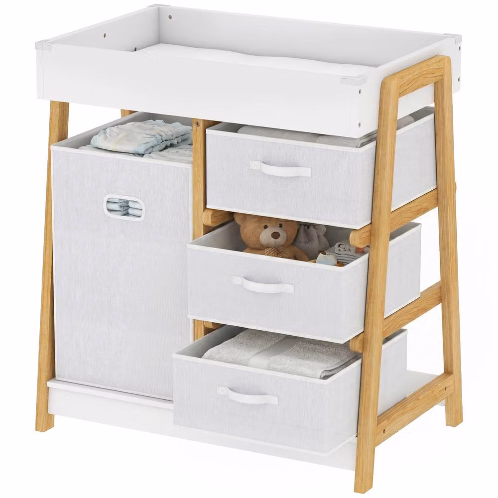 STILVORA White Pine Baby Changing Table with 3 Drawers and Integrated Storage Bins – 3
