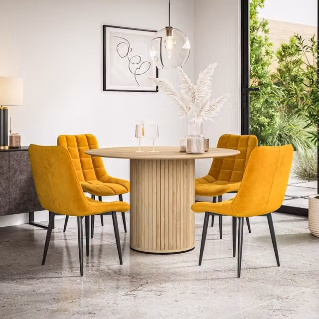 Arlo Modern Round Dining Table and 6 Velvet Chairs Set in Yellow and Black