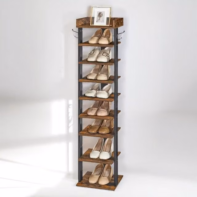 Rafaelo Mobilia 9 Tier Narrow Shoe Rack in Brown, H 132.5 x W 28.0 x D 28.0 cm