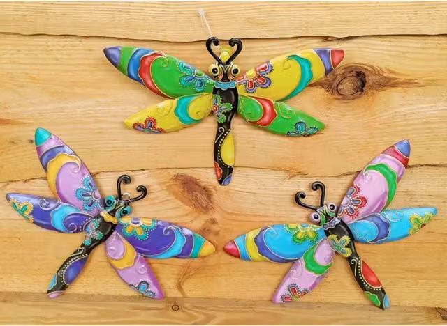 Set of 3 Green Metal Dragonfly Hanging Wall Plaques