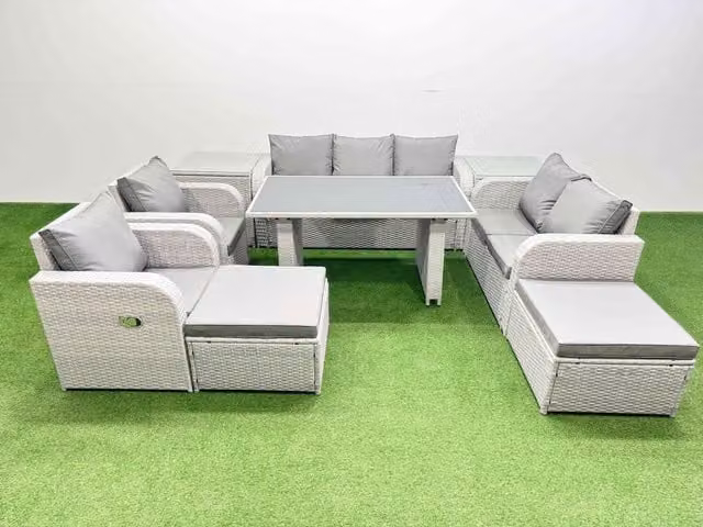 Fimous 9 Seater Modern Garden Furniture Set in Light Grey with 2 Big Stools and 2 Side Tables