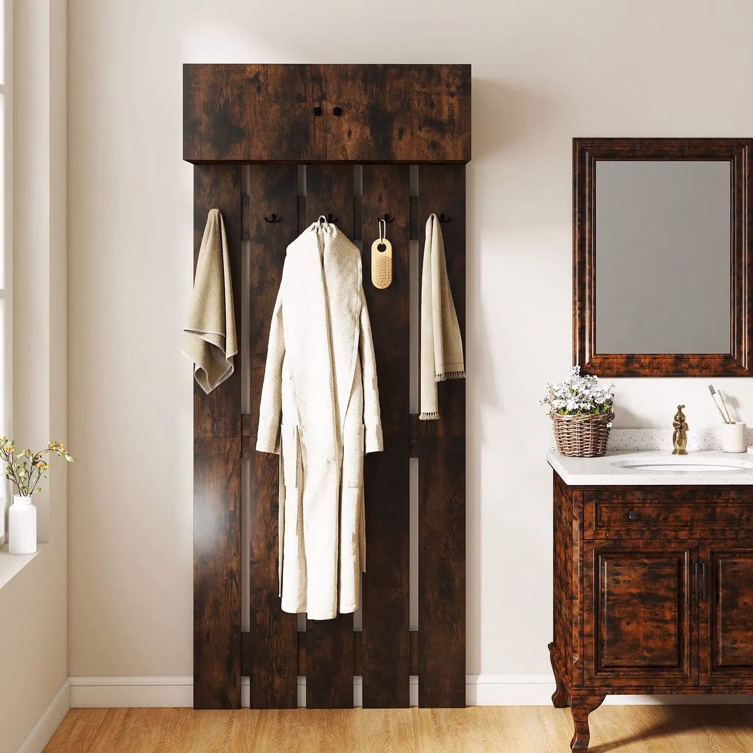 Gymax Wall Mounted Entryway Coat Rack in Brown Rubberwood with Metal Hooks – 6