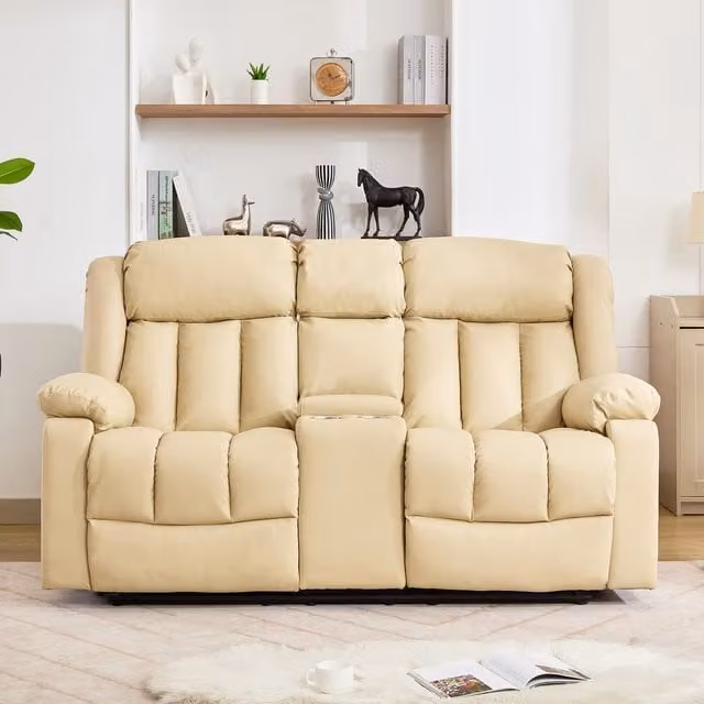 Sheridan 2 Seat Manual Recliner Sofa with Home Cinema Console and Cup Holders in Cream