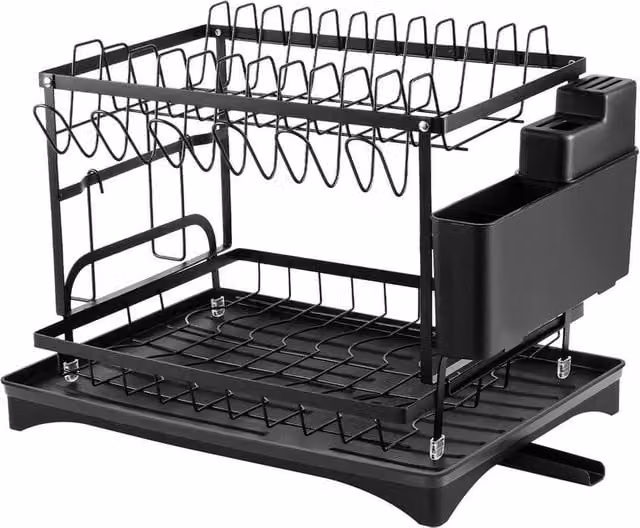 Havendro 2 Tier Kitchen Sink Dish Drying Rack with Drip Tray, Black